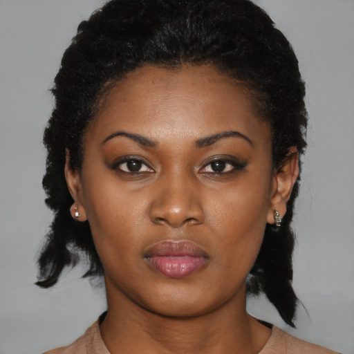Neutral black young-adult female with short  black hair and brown eyes