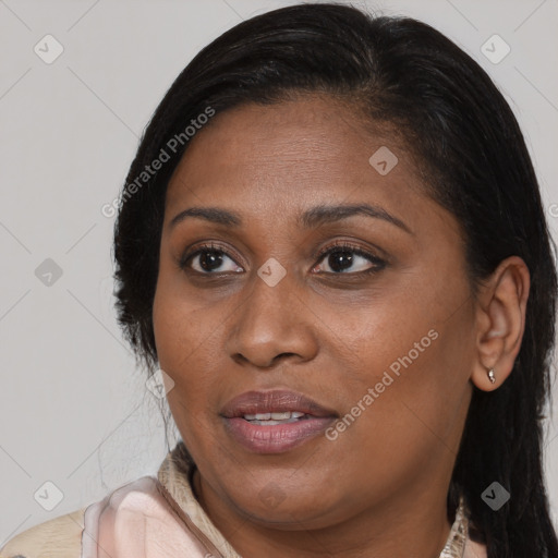 Joyful black young-adult female with medium  brown hair and brown eyes