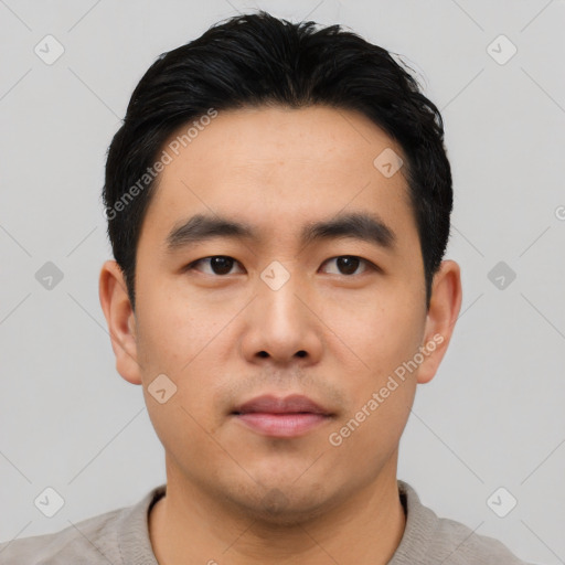 Neutral asian young-adult male with short  black hair and brown eyes