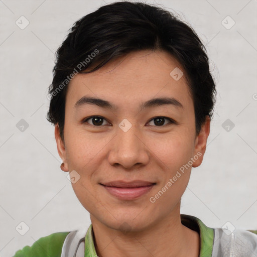 Joyful asian young-adult female with short  brown hair and brown eyes