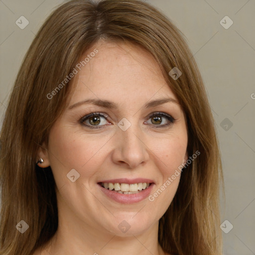 Joyful white young-adult female with medium  brown hair and green eyes