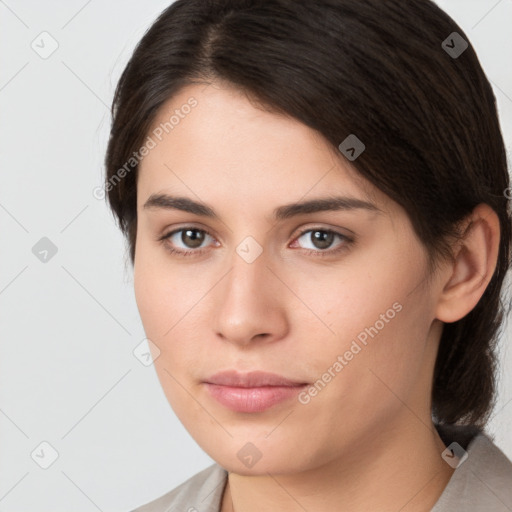 Neutral white young-adult female with medium  brown hair and brown eyes