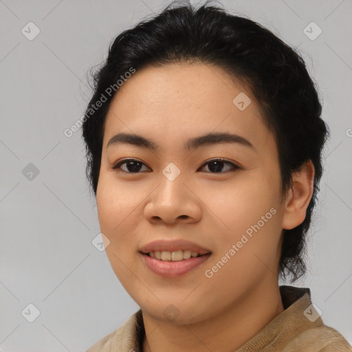 Joyful asian young-adult female with medium  black hair and brown eyes