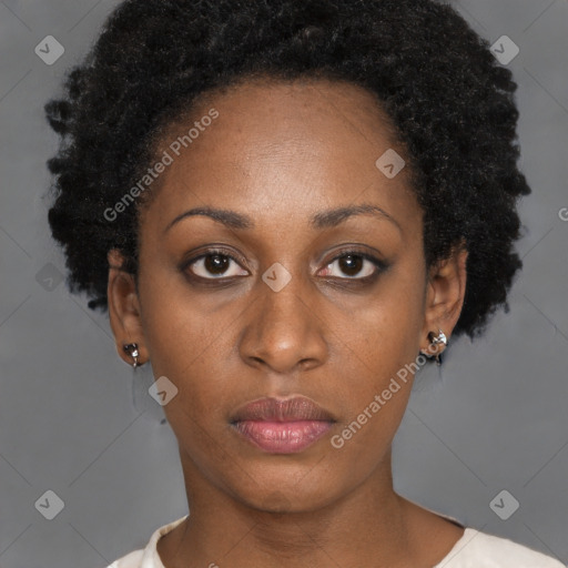 Neutral black young-adult female with short  black hair and brown eyes