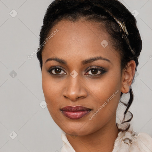 Joyful latino young-adult female with short  brown hair and brown eyes