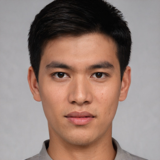 Neutral asian young-adult male with short  black hair and brown eyes