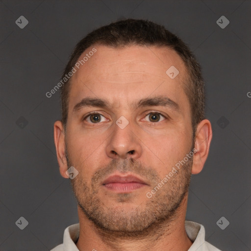 Neutral white adult male with short  brown hair and brown eyes