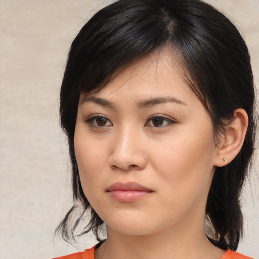 Neutral asian young-adult female with medium  brown hair and brown eyes