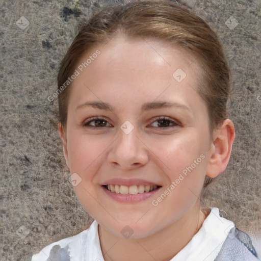 Joyful white child female with short  brown hair and brown eyes