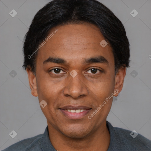 Joyful black adult male with short  black hair and brown eyes