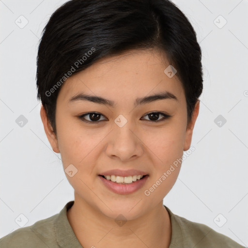 Joyful white young-adult female with short  brown hair and brown eyes