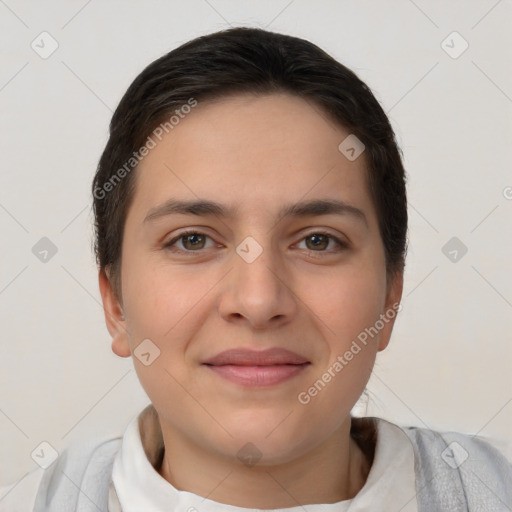 Joyful white young-adult female with short  brown hair and brown eyes