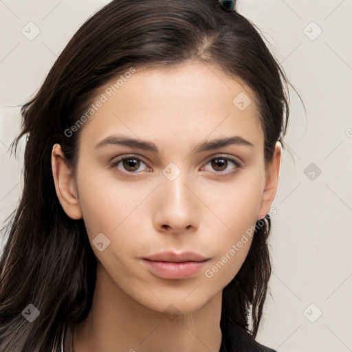 Neutral white young-adult female with long  brown hair and brown eyes