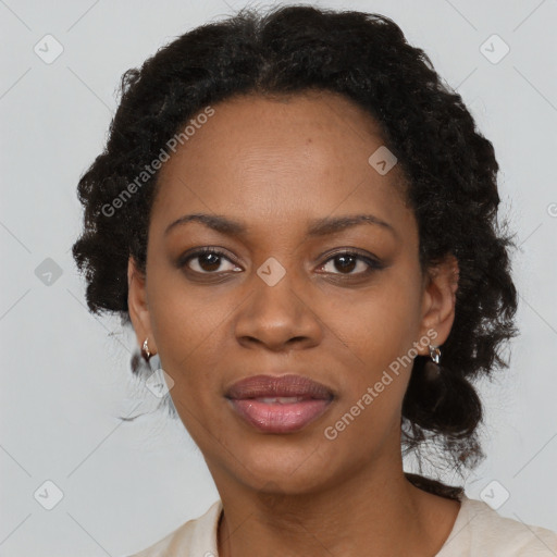 Joyful black young-adult female with medium  black hair and brown eyes