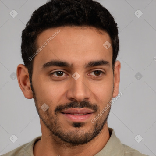 Joyful latino young-adult male with short  black hair and brown eyes