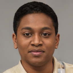 Joyful latino young-adult male with short  brown hair and brown eyes