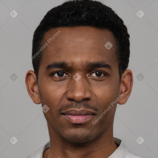 Neutral black young-adult male with short  black hair and brown eyes