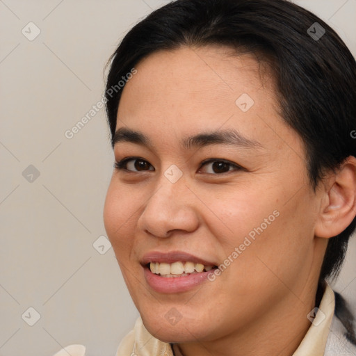 Joyful white young-adult female with medium  brown hair and brown eyes