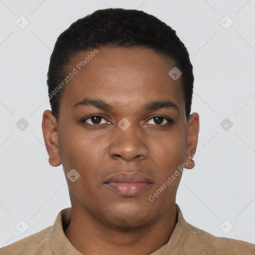 Neutral black young-adult male with short  black hair and brown eyes
