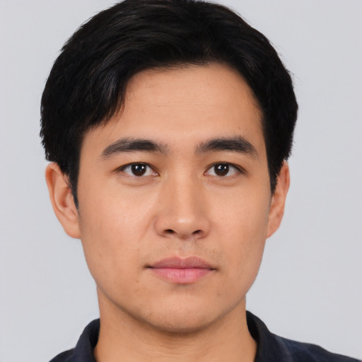 Neutral asian young-adult male with short  black hair and brown eyes