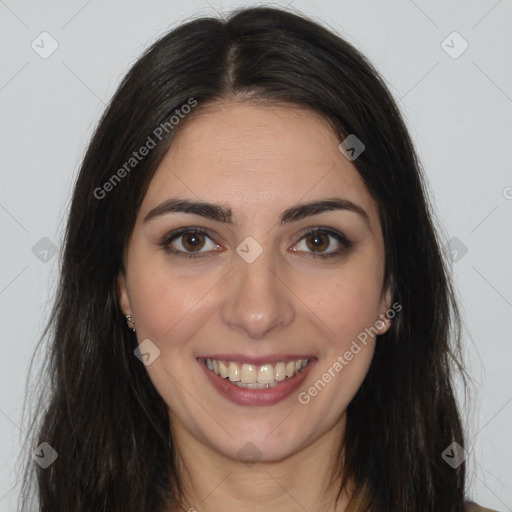 Joyful white young-adult female with long  brown hair and brown eyes