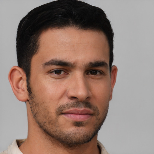 Neutral asian young-adult male with short  brown hair and brown eyes