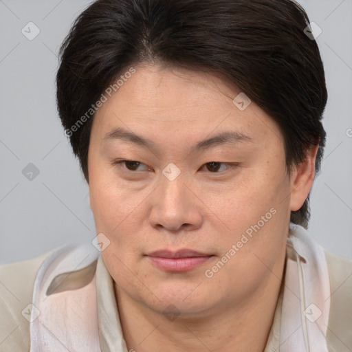 Joyful white adult female with short  brown hair and brown eyes