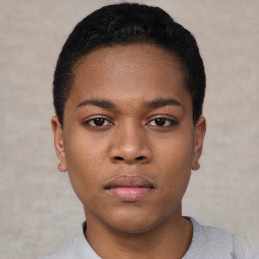 Neutral black young-adult female with short  black hair and brown eyes