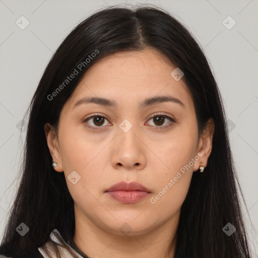 Neutral asian young-adult female with long  brown hair and brown eyes