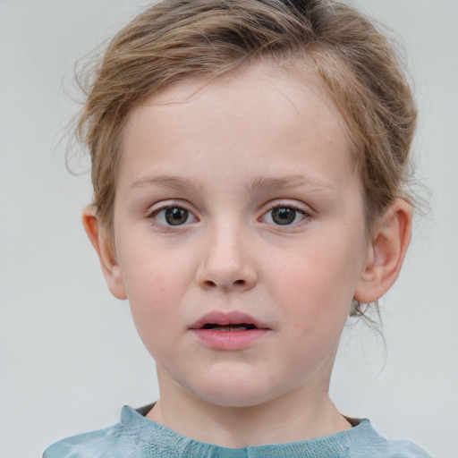 Neutral white child female with medium  brown hair and blue eyes