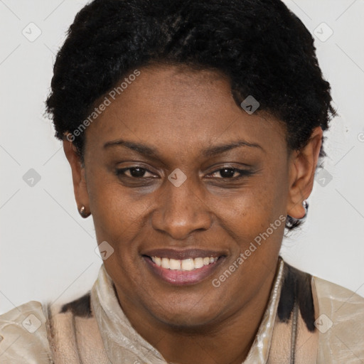 Joyful black adult female with short  brown hair and brown eyes