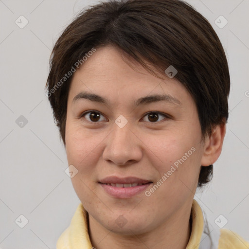 Joyful white young-adult female with medium  brown hair and brown eyes