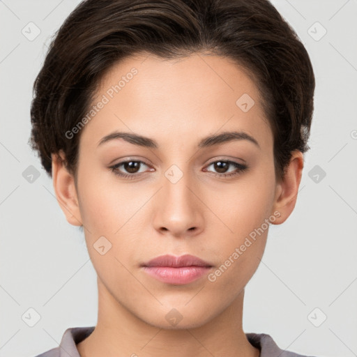 Neutral white young-adult female with short  brown hair and brown eyes