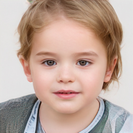 Joyful white child female with short  brown hair and brown eyes