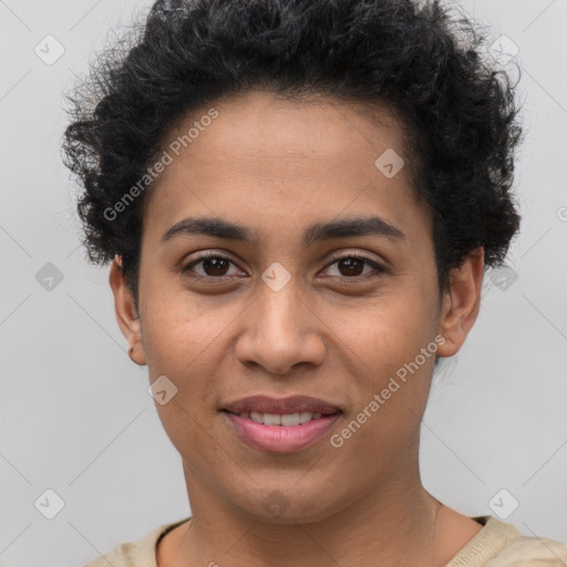 Joyful latino young-adult female with short  brown hair and brown eyes