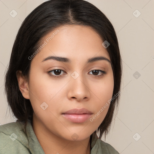 Neutral white young-adult female with medium  brown hair and brown eyes