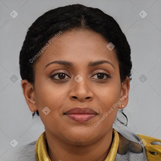 Joyful latino young-adult female with short  brown hair and brown eyes