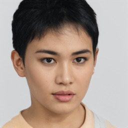 Neutral asian young-adult female with short  brown hair and brown eyes