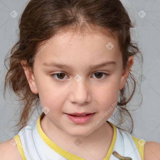 Joyful white child female with medium  brown hair and brown eyes