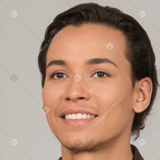 Joyful white young-adult female with short  black hair and brown eyes