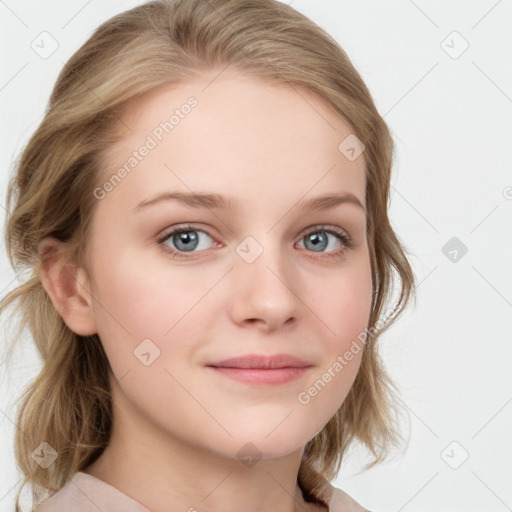 Joyful white young-adult female with medium  brown hair and blue eyes