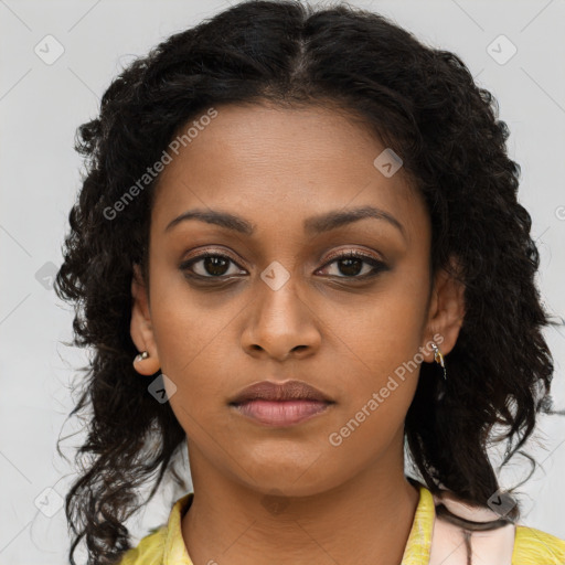 Neutral black young-adult female with long  brown hair and brown eyes