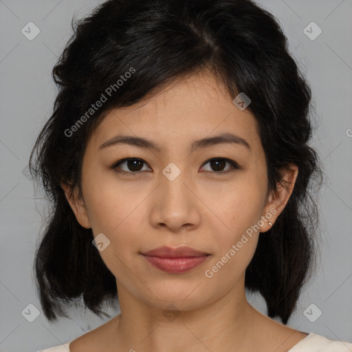 Neutral asian young-adult female with medium  brown hair and brown eyes