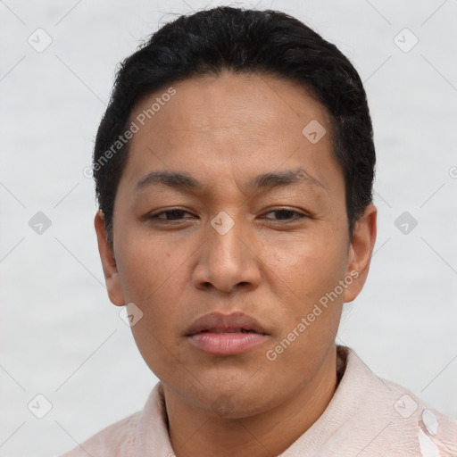 Neutral asian adult male with short  brown hair and brown eyes