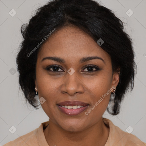 Joyful black young-adult female with medium  brown hair and brown eyes