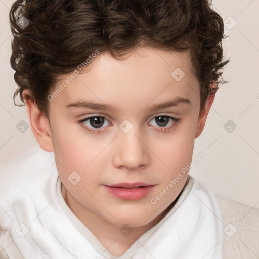 Joyful white child female with short  brown hair and brown eyes