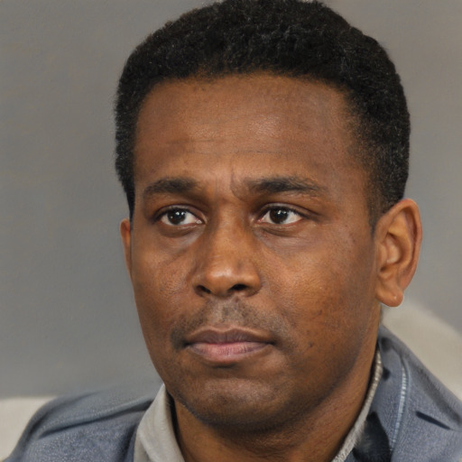 Neutral black adult male with short  black hair and brown eyes