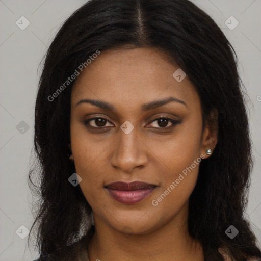 Joyful latino young-adult female with long  brown hair and brown eyes