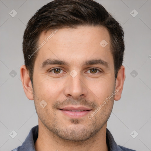 Joyful white young-adult male with short  brown hair and brown eyes