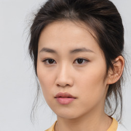 Neutral asian young-adult female with medium  brown hair and brown eyes